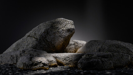A bottle of perfume is displayed on a rock. The bottle is black and has gold ornament. Concept of luxury and sophistication. Premium photo 3d render.