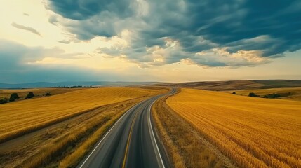 Fototapeta premium A highway cutting through golden wheat fields under a dramatic sky filled with fluffy white clouds