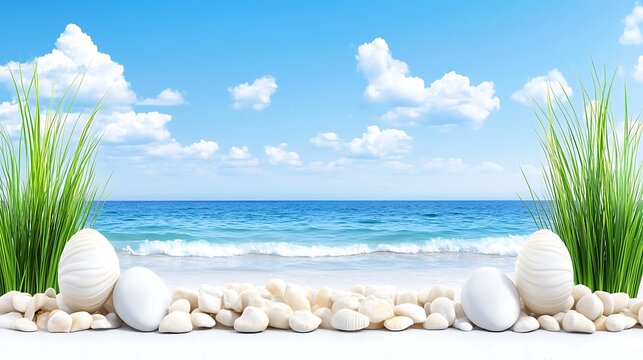 Serene Beachscape  White Eggs  Stones    Grass
