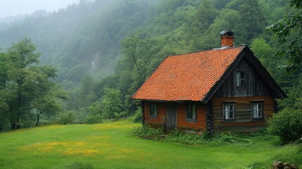 Obraz premium Rustic wooden cabin nestled in a misty green valley.