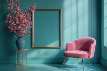 Pink Velvet Chair and Cherry Blossom in Teal Room
