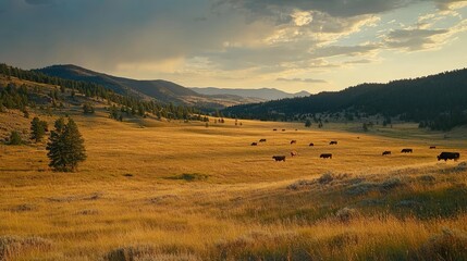 Obraz premium Cattle graze peacefully in a vast golden pasture surrounded by mountains