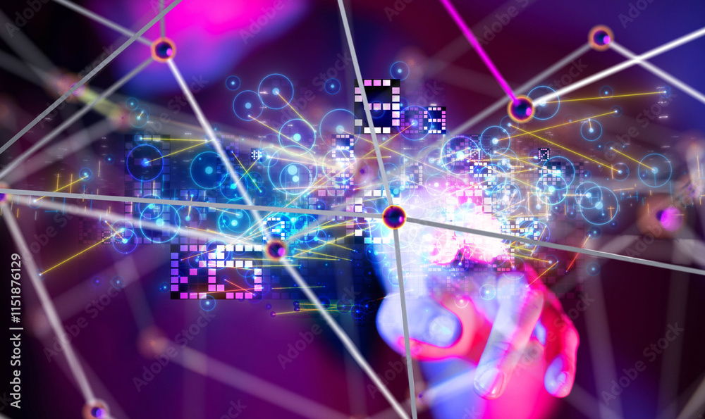 Poster Neural network 3D illustration. Big data and cybersecurity - 3d
