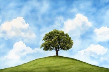 Obraz premium A soft watercolor painting of a tree growing on a hill, with vibrant green leaves blending into a dreamy blue sky
