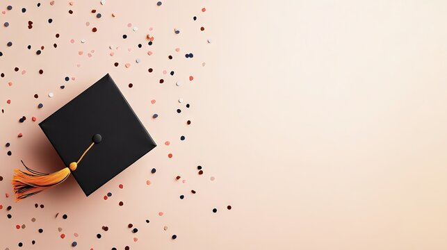 Elevated graduation invitation mockup featuring a classic academic cap on a light, minimalistic background surrounded by festive confetti for memorable celebration announcements