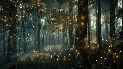 A serene forest with soft lights filtering through wooden branches