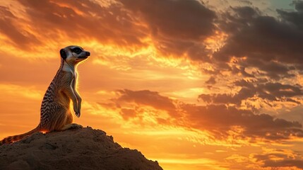 A meerkat on watch, standing upright on a termite mound as the wind ruffles its fur, under a vibrant sky