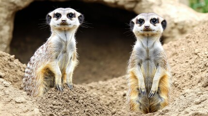 A meerkat pair, one standing on lookout while the other digs in the dirt, in an open field