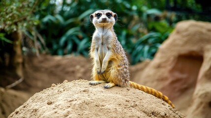 Fototapeta premium A meerkat sentinel standing alert on a mound of dirt, keeping watch over its group against a desert backdrop