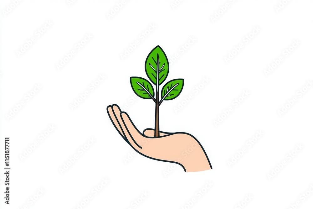 Poster a stylized green eco-friendly icon featuring a sapling growing from a hand, drawn in bold and simple