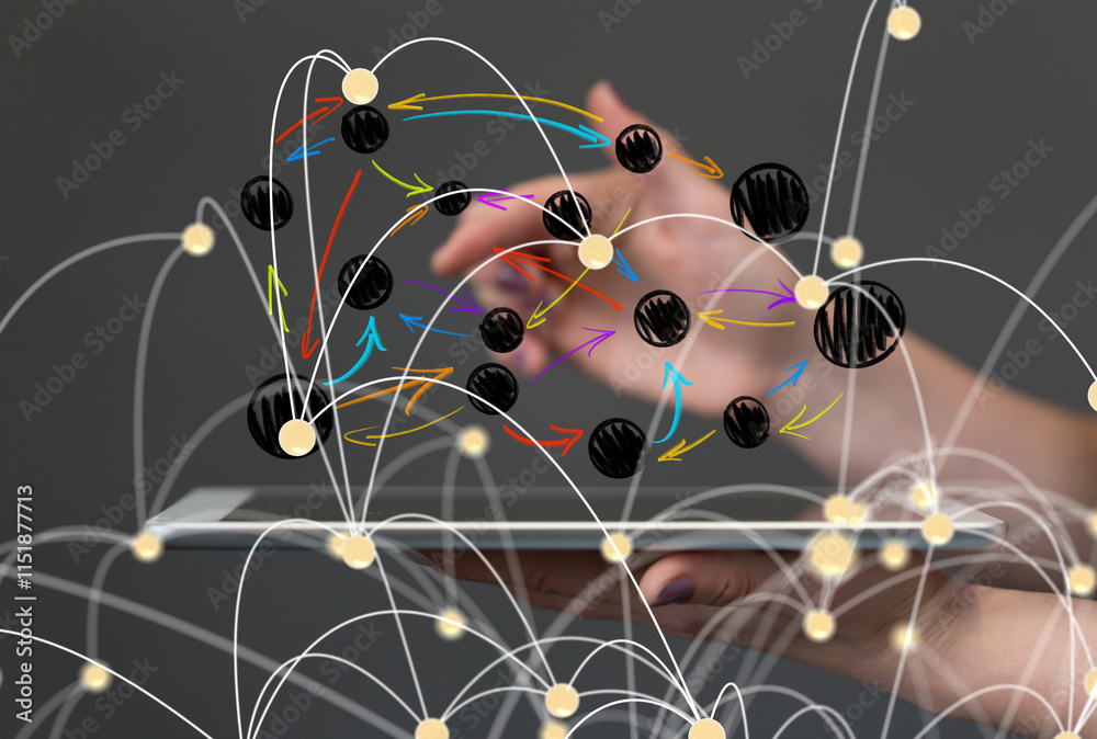 Fototapete Global network. Blockchain. 3D illustration. Neural networks and artificial intelligence. Abstract