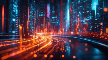 Obraz premium Futuristic Cityscape Data Stream Highway Digital Technology Smart City