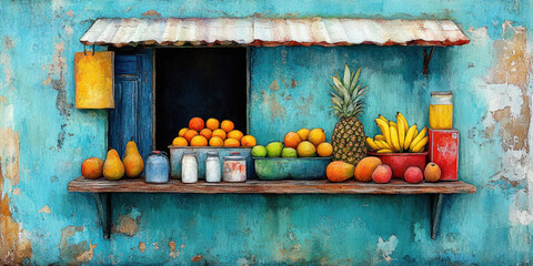 Havana art style, A vibrant fruit stand displays an array of fresh fruits against a colorful blue wall, showcasing the beauty of local markets.