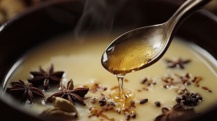 A metal spoon filled with honey, captured mid-drip into a bowl of chai latte, surrounded by spices like cardamom and cloves
