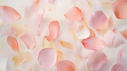 Delicate rose, peach, and ivory petals gracefully scattered across a soft background, creating a serene and romantic atmosphere reminiscent of gentle spring breezes. Background 