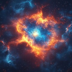 Obraz premium Fiery nebula with vibrant orange and blue hues, cosmic dust and stars.