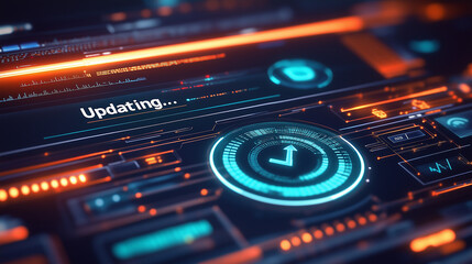 Obraz premium Close-up of digital screen showing software update progress bar with loading circle and 