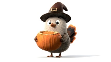 Fototapeta premium Cute Little Turkey with Pumpkin in Watercolor Style Costume