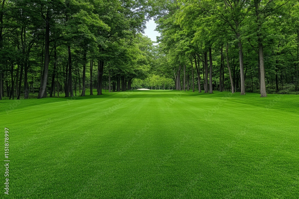 Aufkleber a tranquil golf course set in a forest clearing, with tall trees creating dappled light across the f
