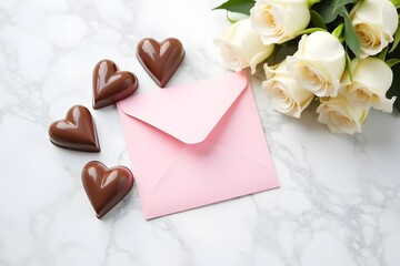 A marble countertop with heart-shaped chocolates, a pink envelope, and a bouquet of white roses.