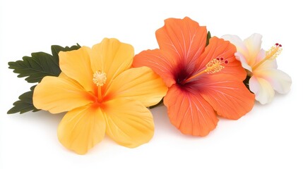 A vibrant trio of hibiscus flowers in yellow, orange, and white, accompanied by green leaves, showcasing their tropical beauty and colorful appeal.