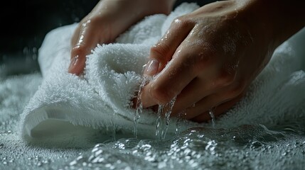Fototapeta premium A pair of hands twisting a wet towel tightly, with visible tension and water dripping from the fabric