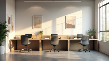 A contemporary office with stylish desks, ergonomic chairs, and clean lines, creating an efficient and professional atmosphere