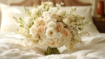 Luxurious cream and blush rose bridal bouquet on a bed.