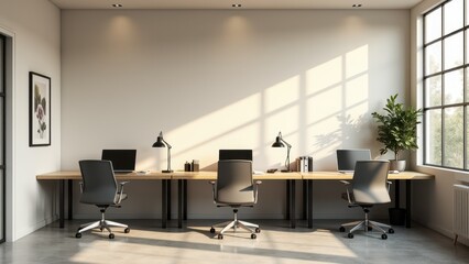 A contemporary office with stylish desks, ergonomic chairs, and clean lines, creating an efficient and professional atmosphere