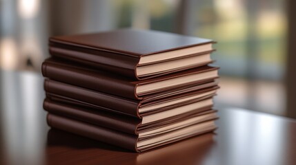 Naklejka premium A neatly stacked pile of brown, hardcover books resting on a wooden surface, illuminated by soft natural light.