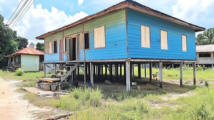 Elevated wooden house in a rural village.