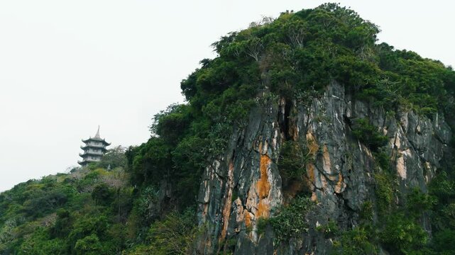 Buddhist temple. Majestic Marble Mountains. Da Nang Vietnam. Aerial drone view.