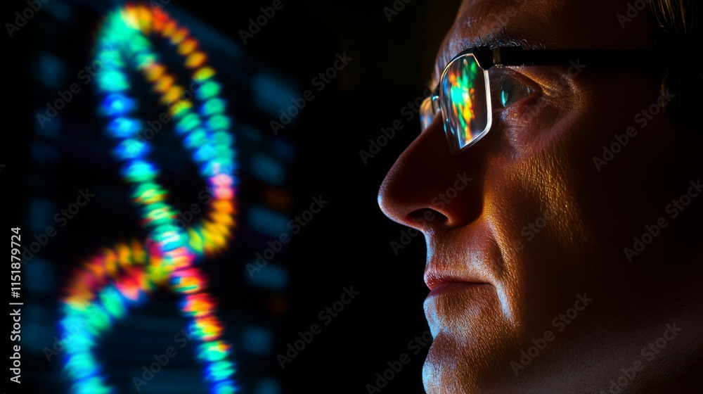 Leinwandbilder A researcher examines complex data displayed on a digital screen while showcasing colorful patterns reflecting on his glasses. The lab is focused on advancements in biocomputing technology.