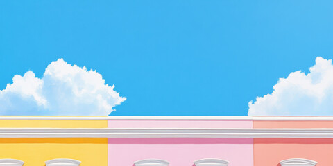 Havana art style, A vibrant wall with yellow and pink sections against a bright blue sky, adorned with fluffy white clouds, creating a cheerful atmosphere.