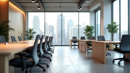 A contemporary office with stylish desks, ergonomic chairs, and clean lines, creating an efficient and professional atmosphere
