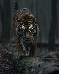 Bengal tiger walks along log in forest, low light, dark and focused.