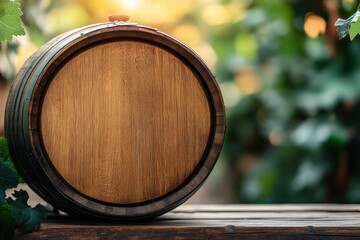 Wooden Wine Barrel on Rustic Table with Vineyard Background
