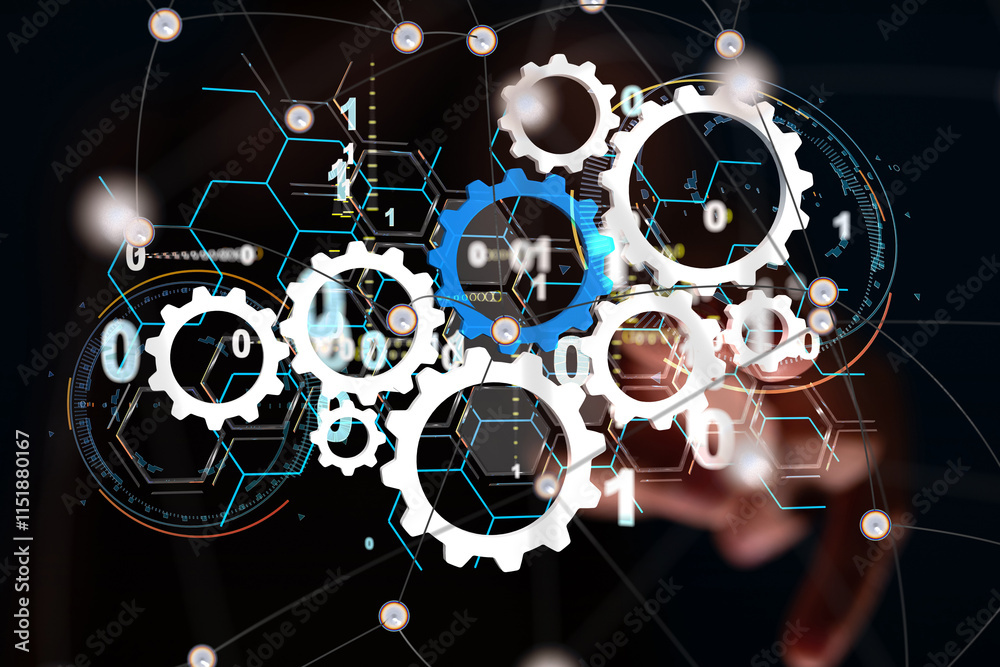 Poster Neural network 3D illustration. Big data and cybersecurity