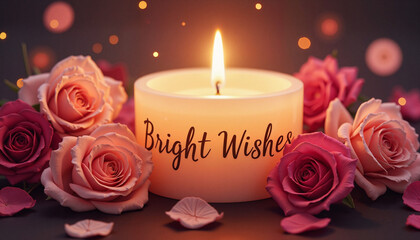  Lit candle with "Bright Wishes" text surrounded by pink roses