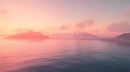 Naklejka premium Serene Sunrise Over Tranquil Ocean and Misty Mountain View