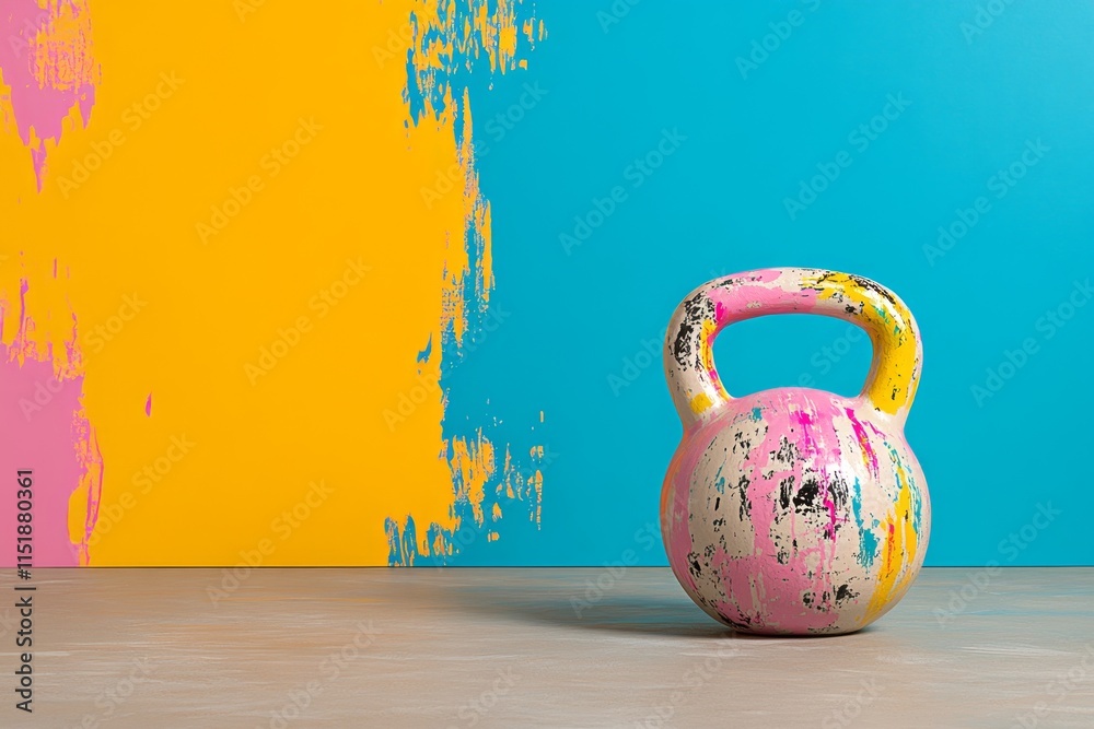 Poster a vibrant watercolor depiction of a kettlebell on a wooden floor, with abstract splashes of color cr