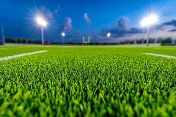 A football game on a professional field, showcasing the pristine grass under bright stadium lights