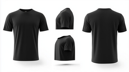 Moderne schwarze T-Shirt-Darstellung aus verschiedenen Blickwinkeln

