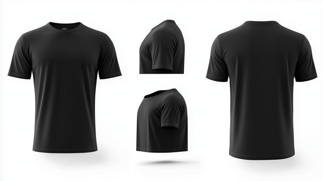 Moderne schwarze T-Shirt-Darstellung aus verschiedenen Blickwinkeln

