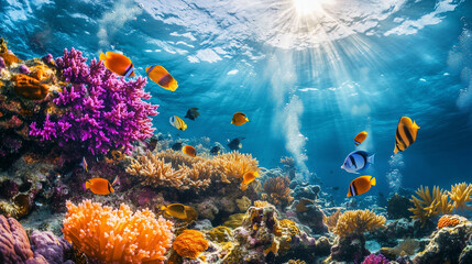 Naklejka premium Vibrant Coral Reef with Tropical Fish, Underwater Paradise