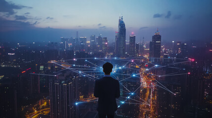 Smart digital city with connection cyber security network reciprocity over the cityscape . future smart wireless digital city and social media networking systems that connects people within the city