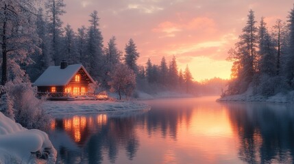 Fototapeta premium Winter sunset reflection cozy cabin serene lake snowy forest tranquil nature peaceful landscape