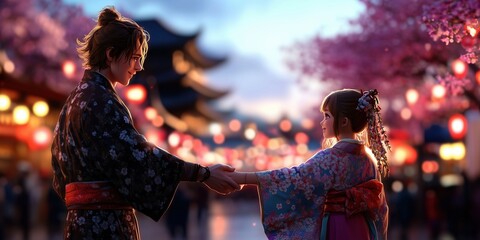 Man and Child Kimono Gentle Evening Cherry Blossom Scene