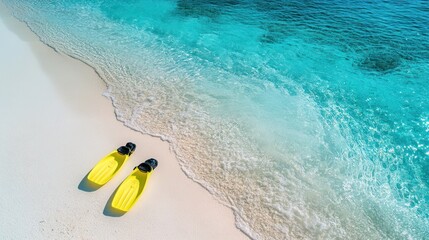 Yellow swim fins on a tropical beach.