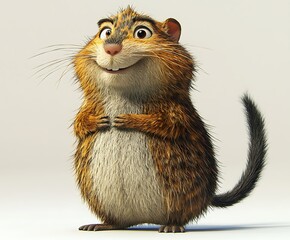 A cheerful, cartoon-style rodent with orange and brown fur, a fluffy tail, and a happy expression, standing against a light gray background.